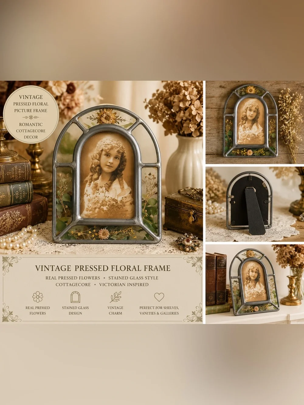 Vintage Pressed Floral Arched Picture Frame Cottagecore‎ Victorian shabby chic
